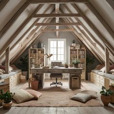 an attic office with lots of natural wood and white walls, floor to ceiling bookshelves