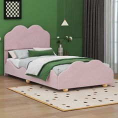 a bedroom with green walls and pink bedding in the center, along with white rugs