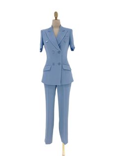 Light Blue Short Sleeve Slim Pant Suit - Thin Fabric - Pantsuit - Guocali Fitted Trousers Sets With Pockets, Fitted High-waisted Pants Sets For Work, Formal Trouser Sets With Pockets, Formal Fitted Straight Pants Set, Fitted Pant Set For Workwear, Fitted Pant Set For Workwear In Spring, Fitted Pant Set For Spring Workwear, Blue Business Sets With Pockets, Light Blue Fitted Short Sleeve Sets