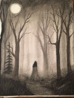 a black and white drawing of a person in the woods