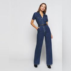 Rock A Retro Take On The Utility Trend In This Wide-Leg Denim Jumpsuit Detailed With Silvery Buttons, A Notched Collar And Plenty Of Pockets. Condition: Very Good, No Marks, Stains, Or Damage. All Buttons Are Securely Attached. Sizing: Size 8; Runs True To Size, It Does Have Some Stretch And Is A Softer Denim. Brand Info: 58" Length; 30" Inseam; 18" Leg Opening (Size 8) Notched Collar Short Sleeves 100% Cotton Machine Wash, Tumble Dry Made In Turkey Item # 7406475 Velvet Romper, Linen Jumpsuit, Short Sleeve Jumpsuits, Denim Romper, Jumpsuit With Sleeves, Rock A, Denim Jumpsuit, Notched Collar, Wide Leg Denim