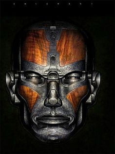 an image of a man's face made out of metal and wood, with the word