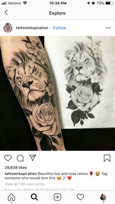 a black and white photo of a tattoo on someone's arm with roses in the background