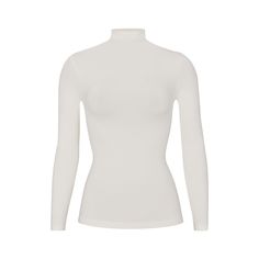 Versatile Stretch Turtleneck For Layering, Sleek Stretch Long Sleeve Turtleneck, Stretch Solid Color Turtleneck, Stretch Elastane Turtleneck, Stretch Solid Color Elastane Turtleneck, Versatile High Stretch Turtleneck, Sleek Turtleneck Tops With Thumbholes, Elegant White Stretch Turtleneck, Elegant Stretch White Turtleneck