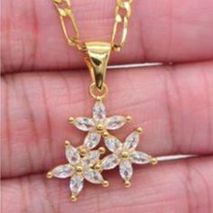 High Quality None Tarnish 18k Gold Plated Cz Flowers Pendant Necklace With Chain Gold Flower-shaped Cubic Zirconia Necklaces, Gold Flower-shaped Necklace With Cubic Zirconia, Gold Flower Necklace With Cubic Zirconia, Gold Flower Pendant Jewelry With Cubic Zirconia, Gold Cubic Zirconia Flower Pendant Jewelry, Gold Jewelry With Sparkling Flower Stones, Gold Jewelry With Brilliant Cut Flower, Gold Flower Pendant With Brilliant Cut, Gold Flower-shaped Jewelry With Brilliant Cut