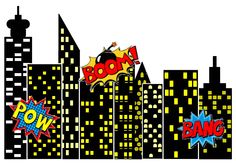 an image of a city skyline with the word pow in comic style letters on it