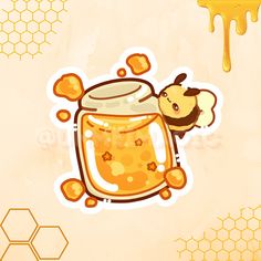 a honey jar with a bee on it next to some honeycombs and dripping honey