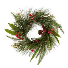 a green wreath with red berries and pine cones