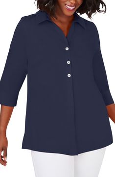 A decorative back-button placket adds a playful touch to this stretch-poplin tunic styled with abbreviated sleeves and airy side vents. 30" back length Button half-placket V-neck with spread collar Three-quarter sleeves Side vents 65% cotton, 30% polyester, 5% spandex Machine wash, tumble dry Imported Women's Clothing Plus Size Blouses For Women, Women Tunic, Tunics Online, Blouse Nordstrom, Women Tunic Tops, Tunic Styles, Tunic Blouse, Plus Size Blouses, Womens Tunics