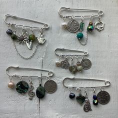 "❤️ Kilt pin brooch, gemstone brooch, charm brooch, bespoke brooch, vintage coins jewellery, boho/vintage look, perfect bespoke gift jewellery. ❤️ Kilt pin brooches, using charms, vintage coins, genuine gemstones to create a decorative but practical brooch - they're great for pulling together a waterfall cardigan, shawl or scarf but with a touch of fun, decoration and sass! ❤️ Each one is different using lots of unique vintage pieces (coins, keys, buttons) combined with pretty gemstones and char Silver Bohemian Jewelry Brooch, Silver Bohemian Brooch Jewelry, Bohemian Jewelry With Vintage Charm For Collectors, Vintage Safety Pin Brooches For Gifts, Bohemian Handmade Jewelry For Collecting, Handmade Silver Pins, Handmade Sterling Silver Pendant Brooch, Silver Safety Pin Shaped Brooch, Artisan Handmade Brooches For Jewelry Making