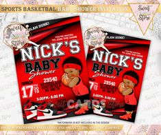 two flyers for a baby shower party with the name nick's baby on them