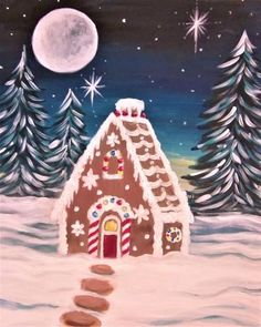 a painting of a gingerbread house in the snow