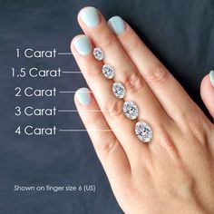 a woman's hand with four different engagement rings on her fingers and the words carat, 1 carat, 2 carat, 3 carat, 4 carat, 4 carat, 4 carat