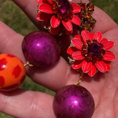 How Fun Is This Piece?!?! Orange And Magenta Vintage Flower Earrings Are Offset By Vintage Magenta Colored Metal Earrings And Vintage Orange Spotted Beads! A Vintage Orange Rhinestone Earring Centers The Piece. Gold Toggle Clasp. All Pieces Are Made With Vintage And Recycled Materials So Flaws Maybe Visible. I Try To Show Any Missing Stones In The Pictures. Please Feel Free To Ask Any Questions. Closures May Be Changed At No Cost. Please Specify What Type Of Closure You Would Prefer At Ordering. Pink Fun Jewelry For Party, Pink Fun Party Jewelry, Fun Pink Party Jewelry, Multicolor Clip-on Party Jewelry, Orange Flower Shaped Earrings For Party, Multicolor Flower Earrings For Party, Handmade Pink Earrings For Party, Pink Dangle Jewelry For Party, Pink Jewelry With Matching Earrings For Party