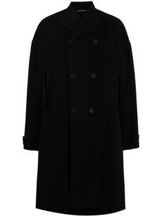 black wool-cotton blend cashmere blend notched lapels double-breasted button fastening long sleeves buttoned cuffs straight hem Black Pea Coat With Button Cuffs And Lapel Collar, Classic Oversized Pea Coat With Double-breasted Buttons, Black Double-breasted Outerwear With Concealed Placket, Black Wool Coat With Double-breasted Buttons, Classic Black Pea Coat With Button Cuffs, Oversized Black Double-breasted Pea Coat, Black Wool Coat With Button Cuffs For Business, Modern Black Double-breasted Outerwear, Black Double-breasted Wool Coat With Concealed Placket