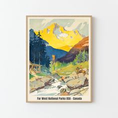 an old poster hangs on the wall above a river and mountain scene with people riding horses