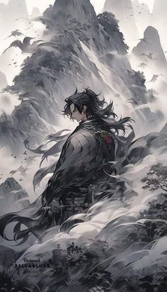 a man with long hair standing on top of a snow covered mountain