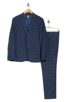 Classic and versatile, this well-dressed plaid suit crafted from supersoft and stretchy fabric features a peaked lapel jacket and flat-front trousers. 28" length, bottoms: 32" inseam; 10" rise (size 40R)
 Jacket has peak lapels; four-button cuffs; chest pocket; flap pockets
 Trousers have zip fly with hook-and-bar closure; slant pockets; back button-welt pockets 84% polyester, 15% rayon, 1% spandex Dry clean Imported Tailored Plaid Suits With Welt Pockets, Plaid Suits With Welt Pockets And Suit Collar, Tailored Plaid Suit With Notch Lapel, Fitted Plaid Blazer With Welt Pockets, Plaid Suit With Suit Collar For Business Casual, Plaid Suits With Notch Lapel And Welt Pockets, Tailored Plaid Suit, Plaid Suit With Suit Collar For Work, Plaid Notch Lapel Suit For Business Casual