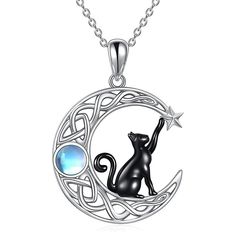 Celtic knot Black Cat Moon Necklace-MoonChildWorld Black Cat Necklace, Witch Necklace, Cat Moon, Moonstone Pendant Necklace, Cat Pendant Necklace, Moon Pendant Necklace, Cat Pendants, Cat Jewelry, Cat Necklace