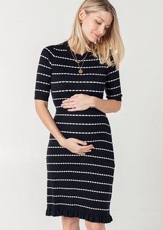 Louie Striped Knit Maternity Sweater Dress – MARION Maternity Fitted Knit Mini Dress, Fitted Knit Mini Length Dress, Knit Stretch Midi Length Bodycon Dress, Stretch Knit Midi Length Bodycon Dress, Stretch Knit Midi Bodycon Dress, Chic Stretch Textured Knit Sweater Dress, Chic Fitted Textured Knit Sweater Dress, Elegant Knit Bodycon Sweater Dress, Chic Textured Knit Fitted Dress