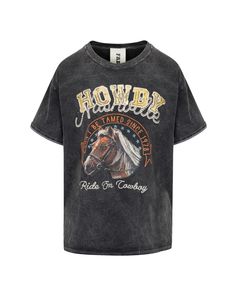 Designed for the ultra-fab country goddess, this T-shirt is the perfect new addition to your everyday wardrobe! With a graphic print featuring a horse and the word "Nashville" in a rope font, this top is the embodiment of fabulous cowgirl vibes. To add sparkle to this top, the word "HOWDY" is embroidered in across the chest in gold sequin patches. The ultra soft, triple vintage washed cotton fabrication makes this shirt as comfortable as it is fabulous. Perfect for your next rodeo look or for ev Country Goddess, Rope Font, Cowgirl Vibes, Cowgirl Vintage, Sequin Patch, Gold Sequin, Party Girls, A Horse, Everyday Wardrobe