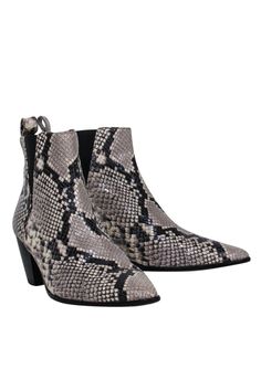 Current Boutique-M. Gemi - Grey & Black Snake Print Booties Sz 8 Fall Snake Print Ankle Boots, High Heel Snake Print Boots For Fall, Snake Print High Heel Boots For Fall, Black Snake Print Boots For Fall, Fall Snake Print High Heel Boots, Chic Snake Print Ankle Boots, Black Snake Print Ankle Boots, Chelsea Boots Style, French Girl Chic