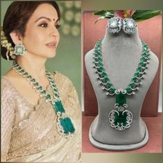 Nita Ambani inspired Gorgeous fine quality luxurious Emerald CZ necklace set in White gold plating and matching Earrings  *Comes with Statement matching earrings  *AAA quality cubic zirconia used. *Highest quality and craftsmanship *Necklace Fitting is adjustable *Earrings Closure: Pushback Necklace Closure: Hook Hi! Total length of the necklace 22-24 inches, adjustable length Upper stone length 4 inches Lower stone length 4.5 inches approx Luxury Multi-stone Necklace For Wedding, Exquisite Emerald Necklace With Diamond, Exquisite Green Emerald Necklace With Diamond Accents, Luxury Emerald Necklace For Wedding, Elegant Silver Kundan Necklace With Emerald, Traditional Green Crystal Jewelry Sets, Elegant Emerald Kundan Necklace With Stone Work, Elegant Kundan Necklace With Emerald Stone Work, Festive Green Diamond Kundan Necklace