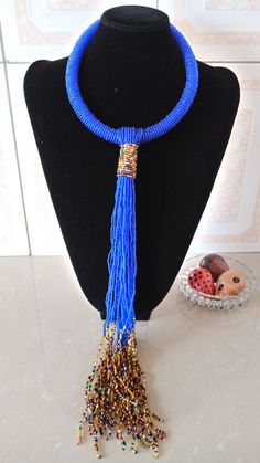 African Beaded Royal Blue Necklace, African Jewelry, Women Jewelry, Gift for her, Tribal necklace, M Blue Single Strand Long Beaded Necklace, Blue Long Single Strand Beaded Necklace, Blue Multi-strand Necklace With Large Beads, Blue Lariat Jewelry For Party, Blue Multi-strand Jewelry With Dangling Beads, Blue Lariat Necklace For Party, Elegant Blue Long Necklace, Blue Round Beads Necklaces For Party, Blue Round Bead Necklaces For Parties