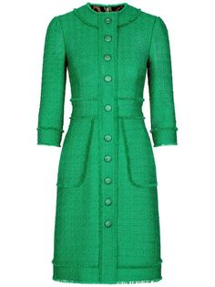 Dolce & Gabbana button-front crew-neck Dress - Farfetch Refined Woman, Tweed Midi Dress, Wool Dresses, Gabbana Dress, Green Dress Casual, Green Tweed, Crewneck Dress, Tweed Dress, Dolce E Gabbana