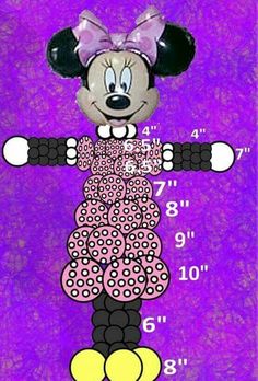 a drawing of minnie mouse with her measurements on it's back and feet in the air