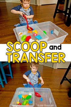 two plastic bins with toys in them and the words scoop and transfer on top