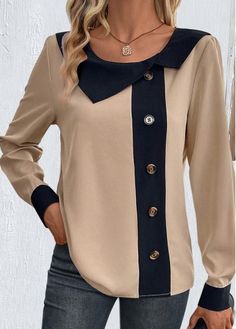 Color:Light Camel;Size:S;Size:M;Size:L;Size:XL;Size:XXL;Package Contents:1 X Blouse;Occasion:Other;Style:Casual; Beige Long Sleeve Patchwork Blouse, Beige Long Sleeve Blouse With Patchwork, Chic Fall Blouse With Splicing Details, Chic Spliced Blouse For Fall, Beige Patchwork Tops For Work, Chic Workwear Blouse With Splicing Details, Round Neck Shirt, Stylish Plus, Asymmetrical Tops