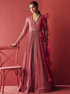 Deep Fuschia, Ruffle Dupatta, Ridhi Mehra, Folk Print, Printed Anarkali, Suit Clothing, Designer Gown, Embellished Belt, Embroidered Crop Tops