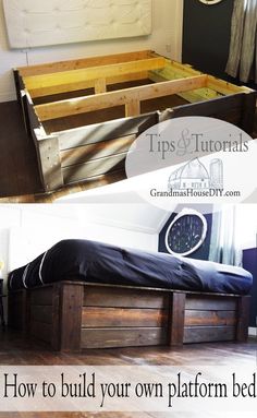 an image of a bed made out of wooden pallets with text overlay that reads how to build your own platform bed