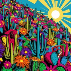 the sun is shining over a colorful cactus field with many flowers and cacti