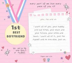 a card with a note attached to it that says 1st best boyfriend and two medals