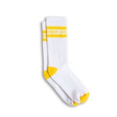 White Bather crew socks with two yellow stripes and text logo around ankle Comfortable Cotton Anti-odor Socks, Comfortable Anti-odor Cotton Socks, Comfortable Cotton Socks For Spring, Comfortable Cotton Knee-high Socks, Casual Summer Streetwear Socks, White Stretch Cotton Socks, Comfortable Breathable Socks For Spring, Casual Sports Socks For Spring, Yellow Cotton Socks For Spring