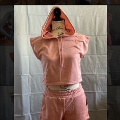 Super Comfy 2 Pieces Perfect For A Walk Around The Park Or Nice Day To Run Errands . Pink Short Athleisure Top, Pink Short Tops For Workout, Sporty Pink Top With Drawstring, Sporty Short Pink Tops, Pink Stretch Tops For Leisure, Pink Stretch Top For Leisure, Crop Top With Shorts, Hooded Crop Top, Top With Shorts