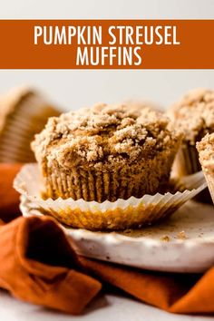 pumpkin streusel muffins on a plate with the title in the middle