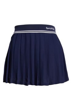 Sporty stripes and a logo embroidery highlight the waist of this preppy skirt boasting crisp allover pleats. Elastic waist 100% viscose Dry clean or machine wash, line dry Imported Asian & Pacific Islander Owned/Founded Navy Pleated Skort, Navy Casual Tennis Skirt, Sporty Pleated Skirt With Accordion Pleats, Preppy Pleated Tennis Skirt, Sporty Accordion Pleats Skirt For Spring, Navy Mini Tennis Skirt For Spring, Preppy Pleated Tennis Skirt For Spring, Preppy Pleated Short Tennis Skirt, Navy Pleated Tennis Skirt