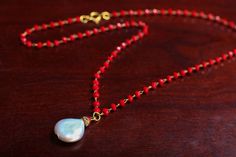 "Freshwater Pearl Charm Pendant with Dainty Ruby Red Crystal 3mm Rondelle Wire Wrapped Rosary Chain Gold Necklace (Picture Shown 16\" Necklace)" Red Briolette Necklaces For Jewelry Making, Red Briolette Beads For Jewelry Making, Handmade Red Briolette Necklace, Chain Gold Necklace, Gold Rosary, 16 Necklace, Coin Pearls, Rosary Chain, Pearl Charms