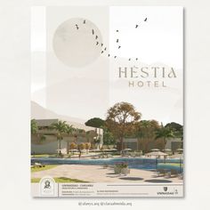 an advertisement for a hotel with birds flying over the swimming pool and trees in the background