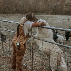 a man standing next to a metal fence petting a white and black dog on top of it