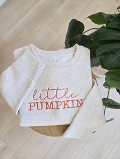 Little Pumpkin sweatshirt for toddlers. If interested in something more personalized, please message us as we are always happy to create more custom pieces! Because these are one of a kind, returns are not accepted. Each item is made to order. We are unable to replace/refund purchases based on color and font selections, so please make sure to be very specific and make the correct selections when ordering. Reach out to us with any questions. We will do our best to make sure that you are completely satisfied with your order. Care Instructions: Machine wash cold gentle cycle. Tumble dry low. No bleach. Embroidery Fall, Baby Jumpers, Ghost Sweater, Pumpkin Sweatshirt, Pumpkin Sweatshirts, Etsy Ideas, Halloween Embroidery, Sweatshirt Halloween, Fall Kids