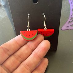 Mini Wooden Watermelon Earrings Super Cute Ooak Never Worn! Red Fruit Design Dangle Jewelry, Watermelon Colored Summer Jewelry Gift, Red Dangle Jewelry With Fruit Design, Summer Watermelon Colored Jewelry For Gift, Red Fruit Design Drop Earrings, Cute Red Earrings With Fruit Design, Trendy Watermelon Colored Earrings For Gift, Handmade Watermelon Earrings For Summer, Handmade Fun Red Earrings