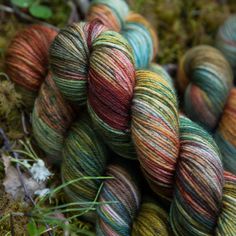 several skeins of multicolored yarn are laying on the mossy ground