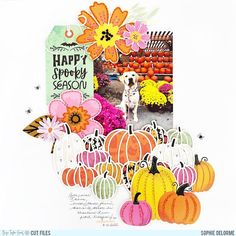 a scrapbook page with an image of a dog surrounded by flowers and pumpkins