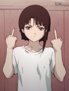 an anime character holding her hands up in front of her face and pointing to the side