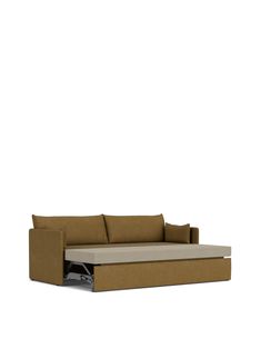 a couch with a pull out bed on it's back end, in front of a white background