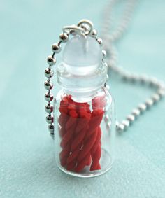 Twizzlers in a Jar Necklace - Jillicious charms and accessories - 1 Fairy In A Bottle, Magic Jar, Jar Necklace, Clay Candy, Red Licorice, Licorice Candy, Food Necklace, Tiny Jars, Miniature Bottles